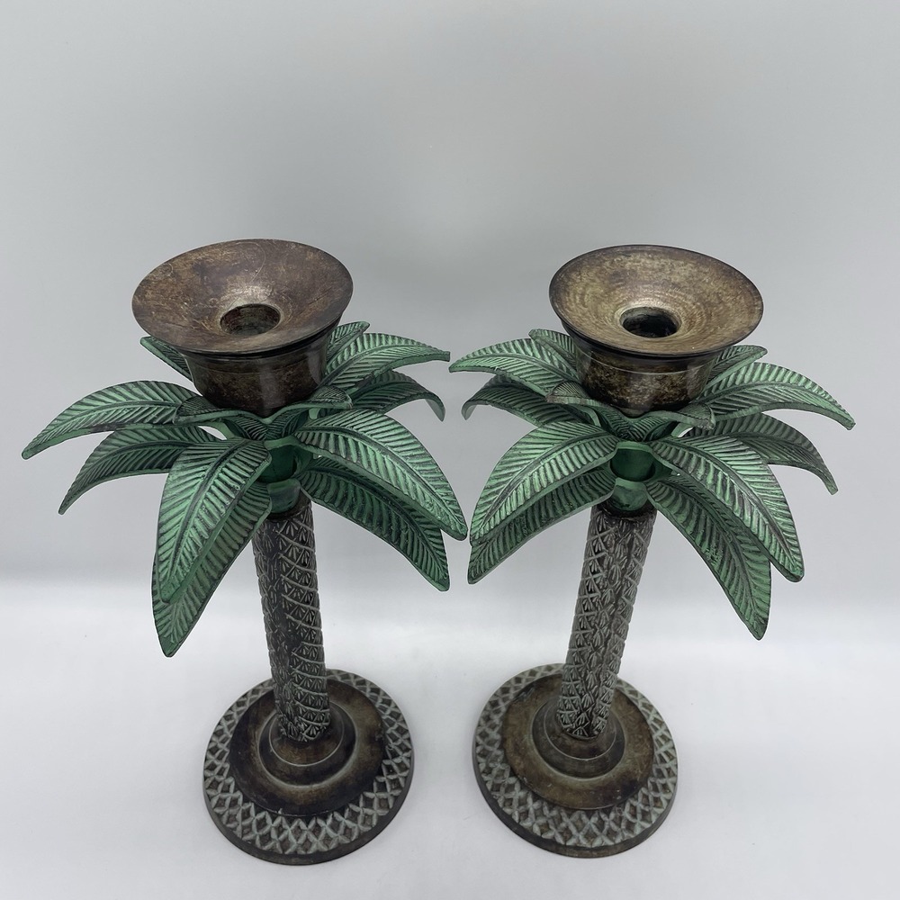 Vintage Brass Palm Tree Candle Stick Holders 13" Made In India MCM Solid Heavy - Picture 3 of 8